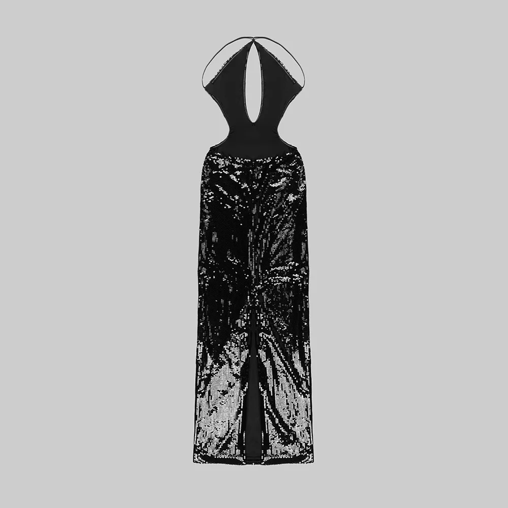 Women Summer Luxury Sexy Backless Halter Black Mesh Sequins Maxi Long Gowns Dress Elegant Sparkly Evening Party Club Dress Women Summer Luxury Sexy Backless Halter Black Mesh Sequins Maxi Long Gowns Dress Elegant Sparkly Evening Party Club Dress