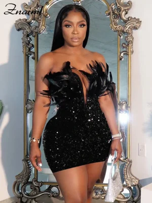 Black Deep V-neck Sequin Strapless Mini Dress
