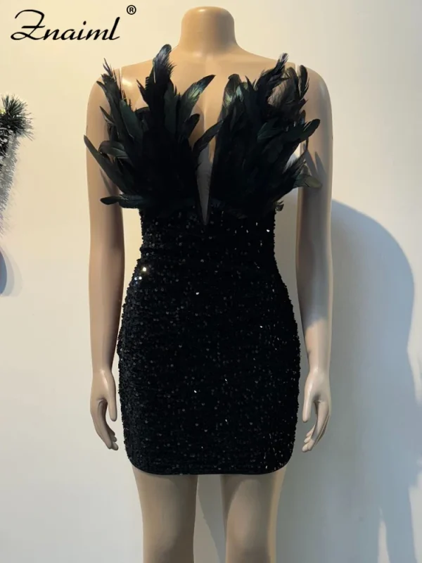 Black Deep V-neck Sequin Strapless Mini Dress - Image 3