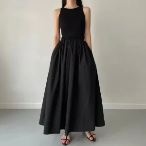 New Summer Simple Elegant Black Long Guest Dresses For Women Round Neck Sleeveless High Waist Temperament Female Fashion Style Dress