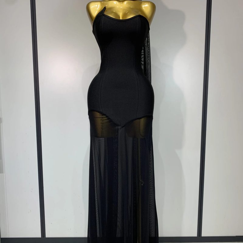 Black White Mesh Patchwork Strapless  Dress