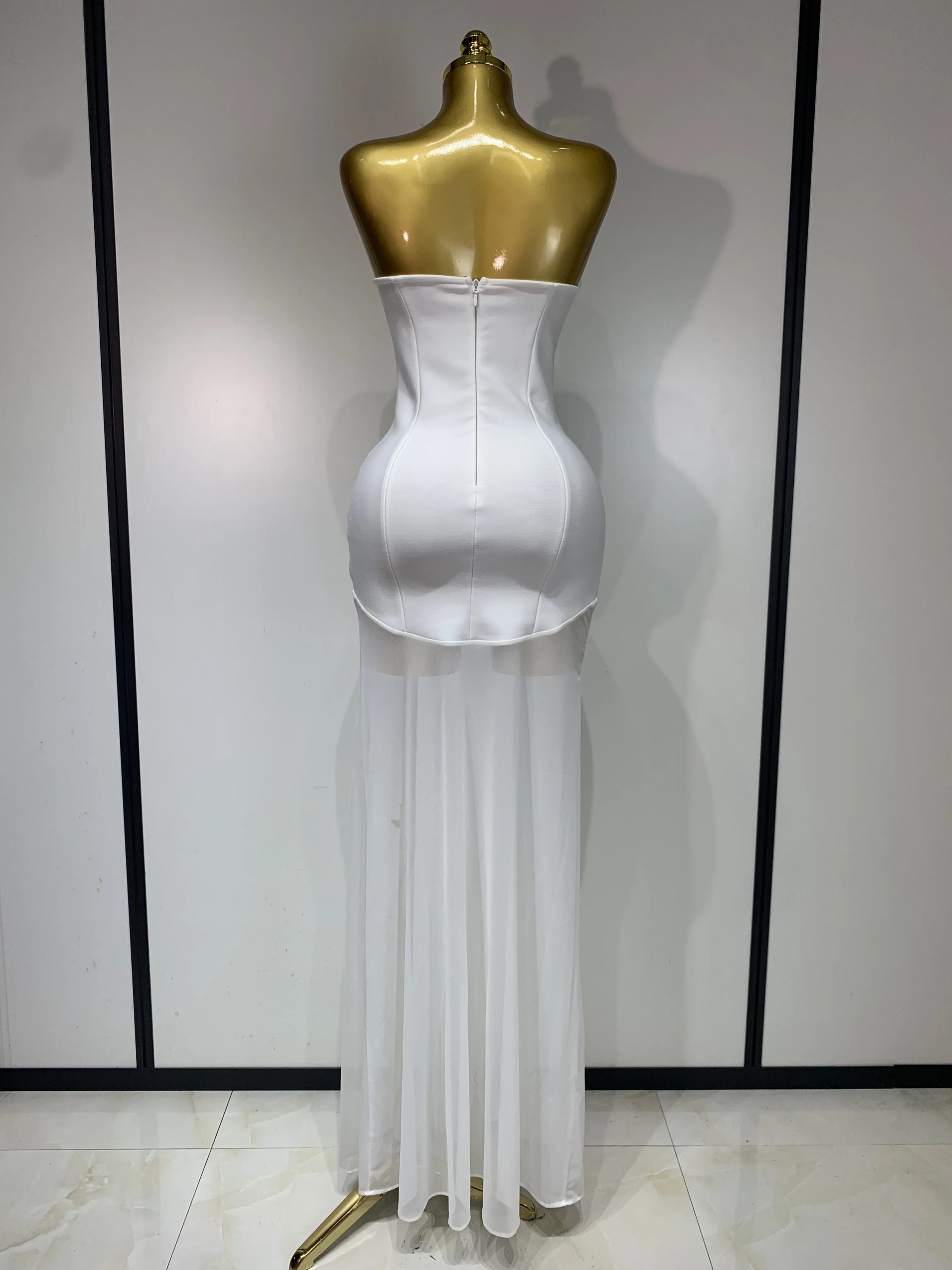 Sexy Strapless Long Bandage Dress Black Mesh Patchwork Elegant Women Blackless Evening Party Gowns Bodycon Birthday Dresses
