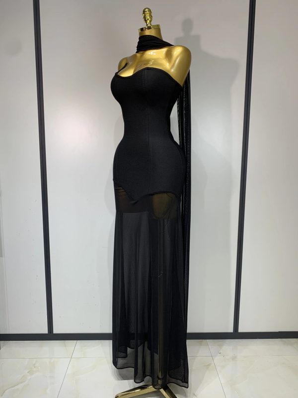 Sexy Strapless Long Bandage Dress Black White Mesh Patchwork Elegant Women Black Evening Party Gowns Birthday Dresses - Image 2