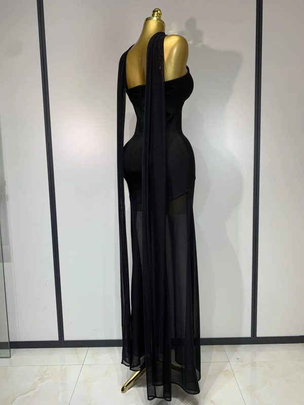 Sexy Strapless Long Bandage Dress Black White Mesh Patchwork Elegant Women Black Evening Party Gowns Birthday Dresses - Image 5