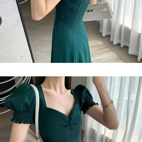 Solid Puff Short-Sleeved Elegant Red Black Green Dress Women Clothing Wedding Guest New Year Women Fashion High Waist Slim Evening Party Dresses - Image 4