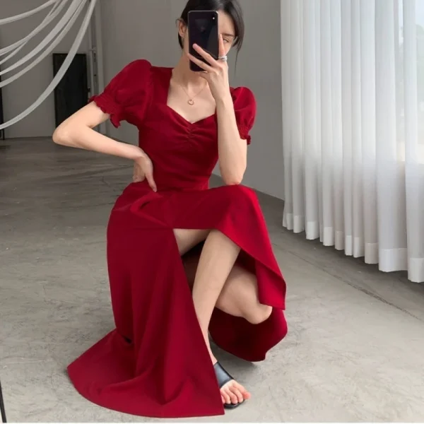 Solid Puff Short-Sleeved Elegant Red Black Green Dress Women Clothing Wedding Guest New Year Women Fashion High Waist Slim Evening Party Dresses - Image 6