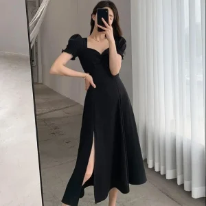 Solid Puff Short-Sleeved Elegant Red Black Green Dress Women Clothing Wedding Guest New Year Women Fashion High Waist Slim Evening Party Dresses