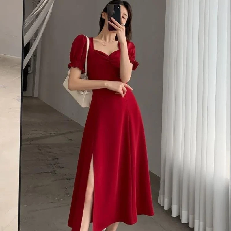 Solid Puff Short-Sleeved Elegant Dress Women Clothing Wedding Guest New Year Women Fashion High Waist Slim Evening Party Dresses
