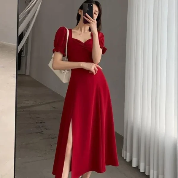 Solid Puff Short-Sleeved Elegant Red Black Green Dress Women Clothing Wedding Guest New Year Women Fashion High Waist Slim Evening Party Dresses - Image 5