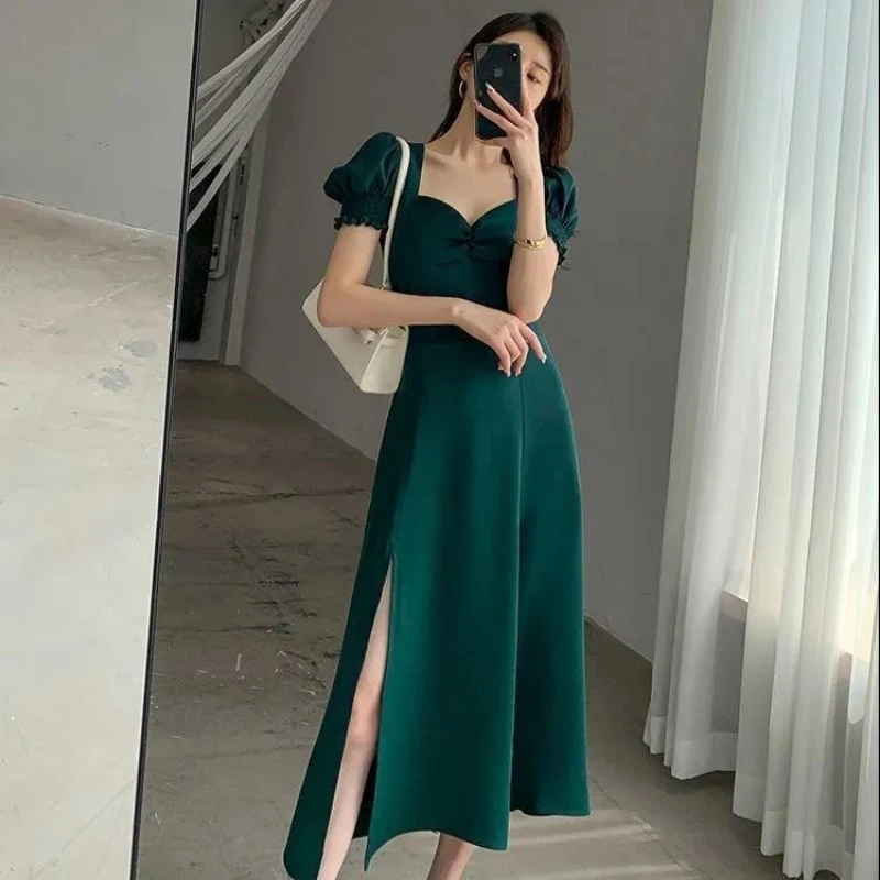Solid Puff Short-Sleeved Elegant Dress Women Clothing Wedding Guest New Year Women Fashion High Waist Slim Evening Party Dresses