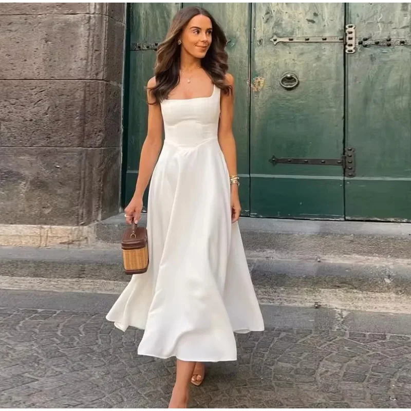 Elegant Square Neck Midi Dress For Women Summer Sleeveless High Waist Party Wedding Dress Female Chic Holiday Evening Vestidos