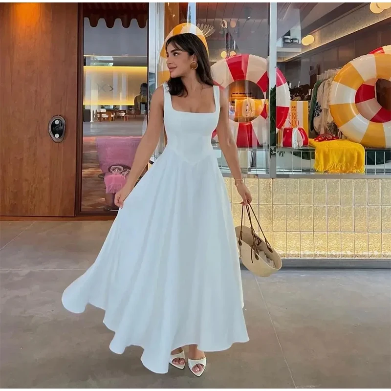 Elegant Square Neck Midi Dress For Women Summer Sleeveless High Waist Party Wedding Dress Female Chic Holiday Evening Vestidos