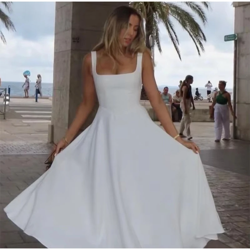 Elegant Square Neck Midi Dress For Women Summer Sleeveless High Waist Party Wedding Dress Female Chic Holiday Evening Vestidos