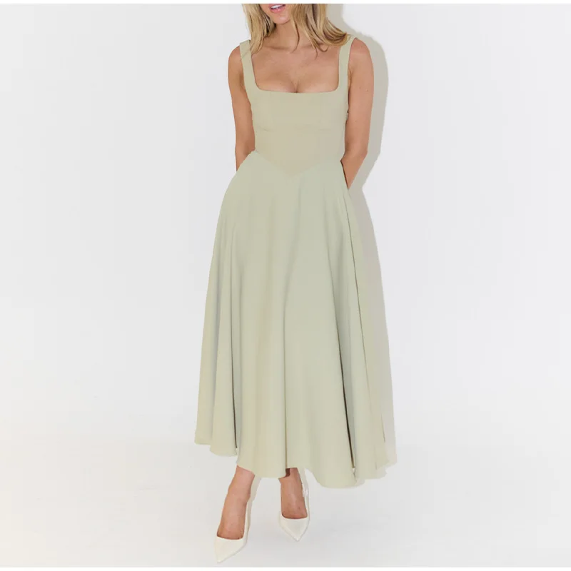 Elegant Square Neck Midi Dress For Women Summer Sleeveless High Waist Party Wedding Dress Female Chic Holiday Evening Vestidos