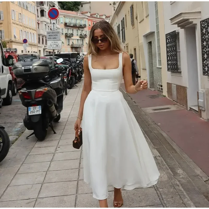 Elegant Square Neck Midi Dress For Women Summer Sleeveless High Waist Party Wedding Dress Female Chic Holiday Evening Vestidos