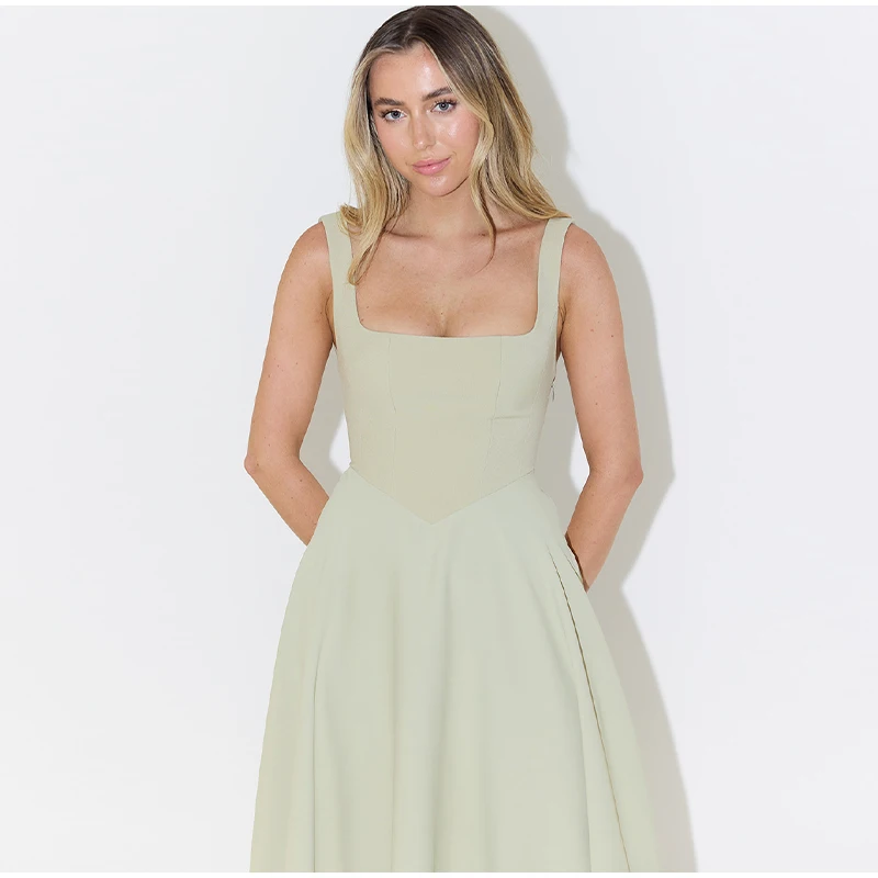Elegant Square Neck Midi Dress For Women Summer Sleeveless High Waist Party Wedding Dress Female Chic Holiday Evening Vestidos