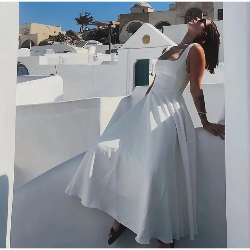 Elegant Square Neck Midi Dress For Women Summer Sleeveless High Waist Party Wedding Dress Female Chic Holiday Evening Vestidos