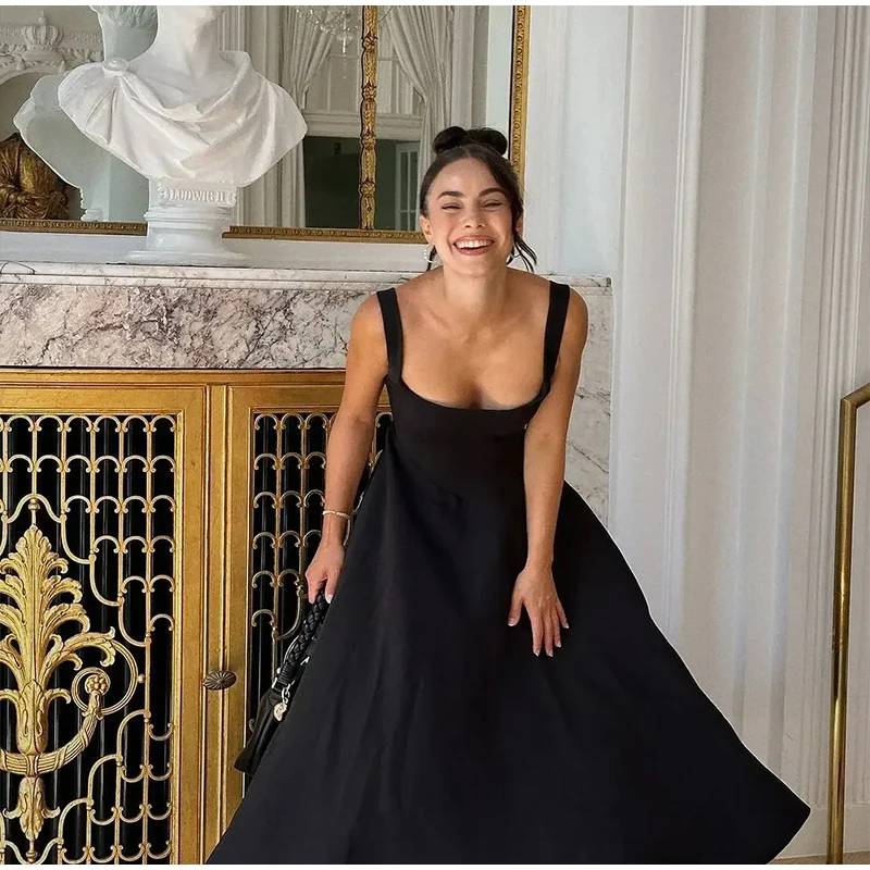Elegant Square Neck Midi Dress For Women Summer Sleeveless High Waist Party Wedding Dress Female Chic Holiday Evening Vestidos