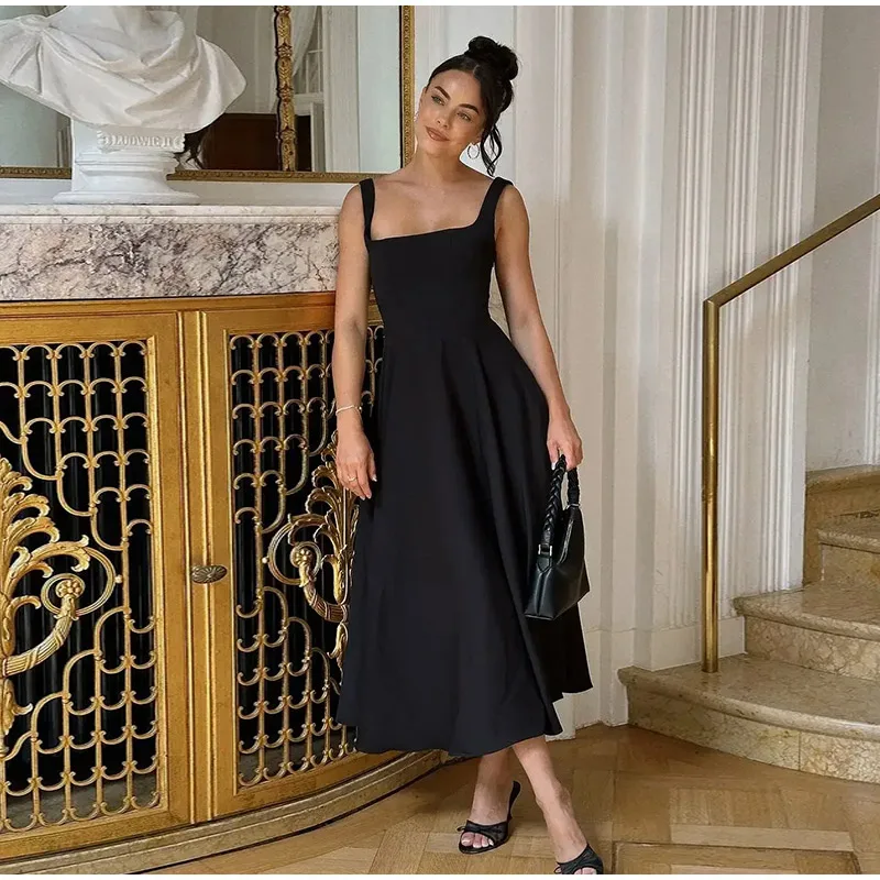Elegant Square Neck Midi Dress For Women Summer Sleeveless High Waist Party Wedding Dress Female Chic Holiday Evening Vestidos