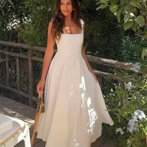 Elegant Square Neck Midi Black White Dress For Women Summer Sleeveless High Waist Party Wedding Guest Dress Female Chic Holiday Evening