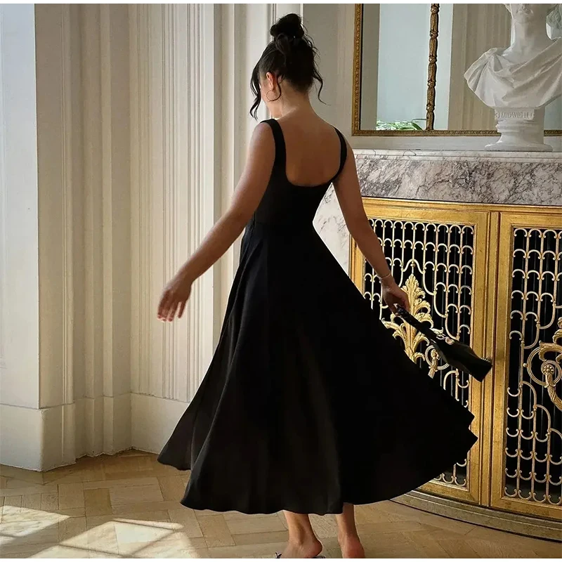 Elegant Square Neck Midi Dress For Women Summer Sleeveless High Waist Party Wedding Dress Female Chic Holiday Evening Vestidos