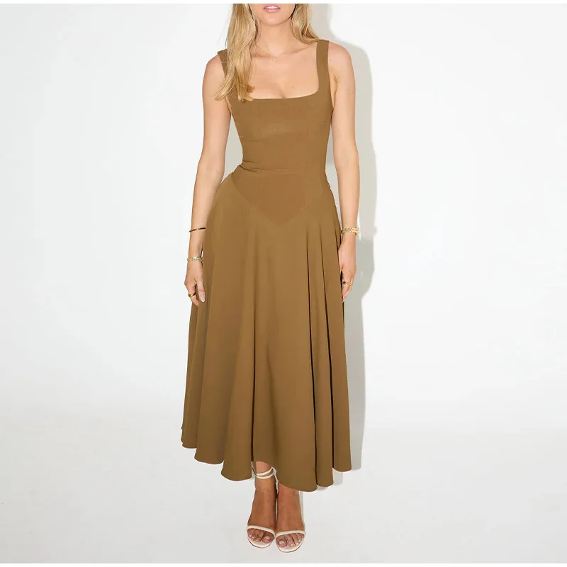 Elegant Square Neck Midi Dress For Women Summer Sleeveless High Waist Party Wedding Dress Female Chic Holiday Evening Vestidos