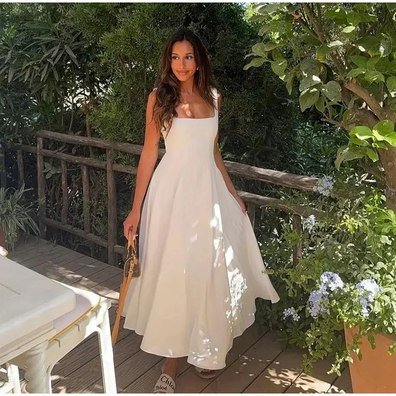 Elegant Square Neck Midi Dress For Women Summer Sleeveless High Waist Party Wedding Dress Female Chic Holiday Evening Vestidos