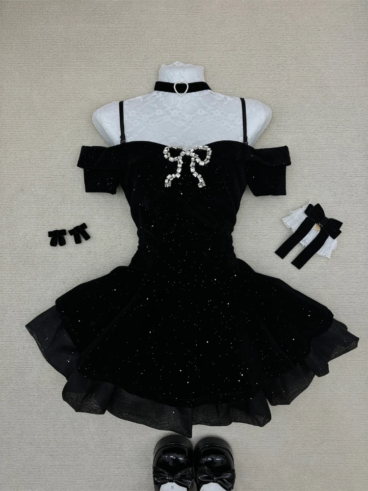 Black French Vintage Elegant Design Woman Dress Gothic Off Shoulder Retro Mini Dress Female Fairy Birthday Party Chic Outfits