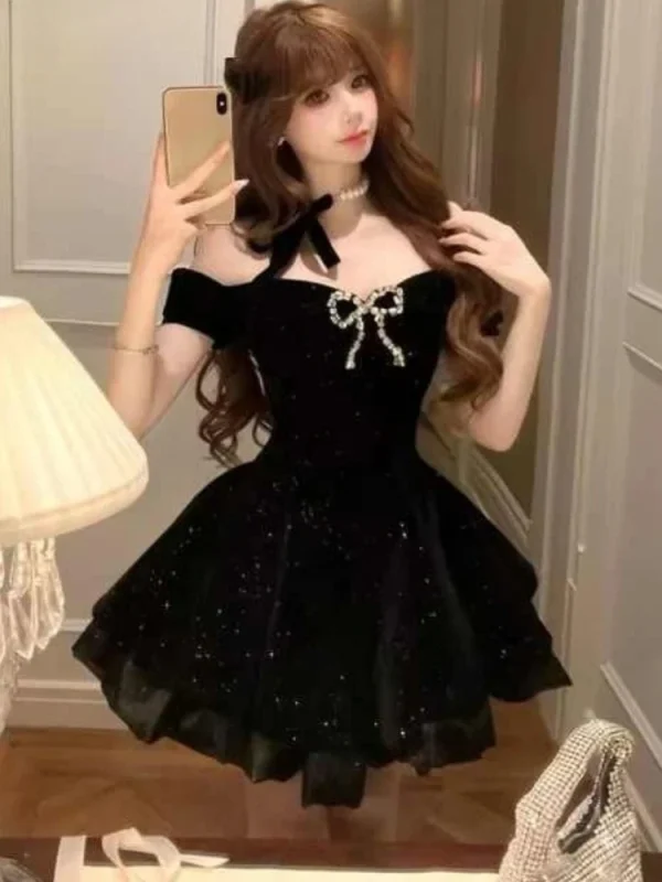 Black French Vintage Elegant Design Woman Guest Dresses Gothic Off Shoulder Retro Mini Dress Female Fairy Birthday Party Chic Outfits - Image 6