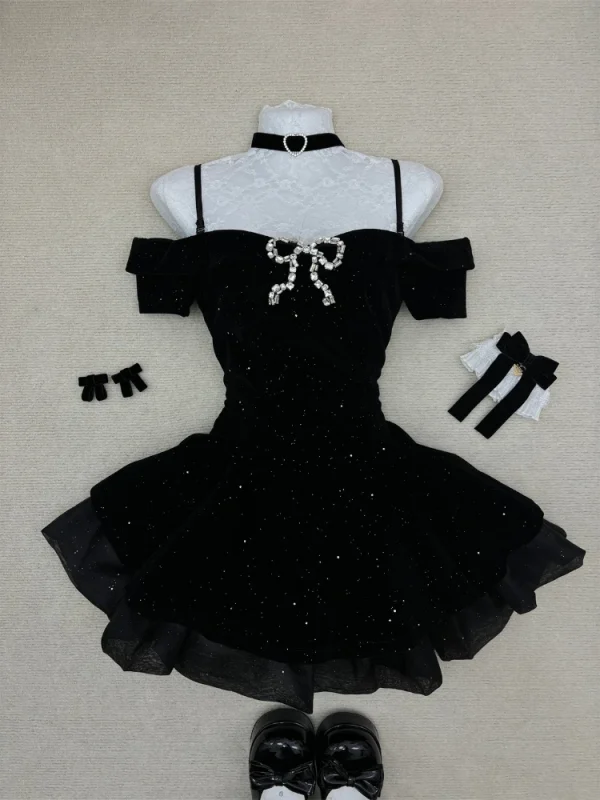 Black French Vintage Elegant Design Woman Guest Dresses Gothic Off Shoulder Retro Mini Dress Female Fairy Birthday Party Chic Outfits - Image 2