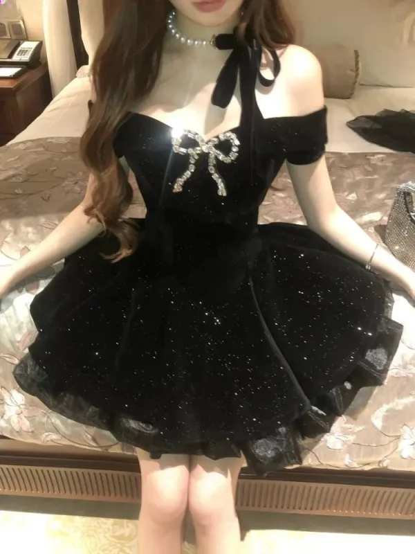 Black French Vintage Elegant Design Woman Guest Dresses Gothic Off Shoulder Retro Mini Dress Female Fairy Birthday Party Chic Outfits - Image 4
