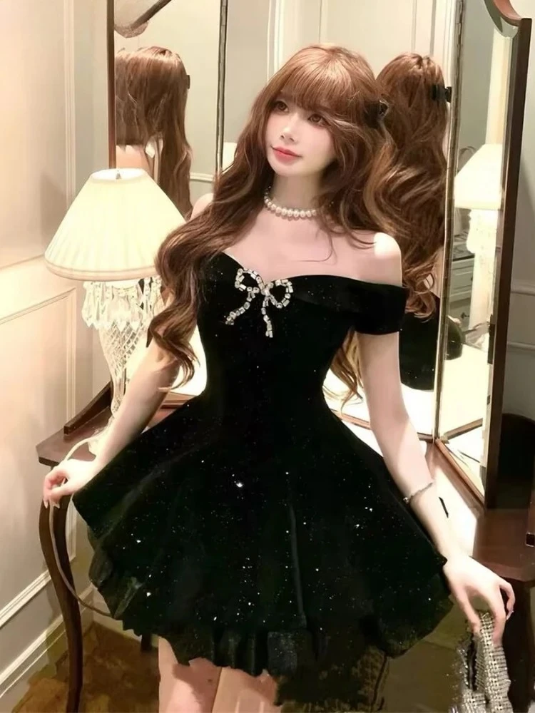 Black French Vintage Elegant Design Woman Dress Gothic Off Shoulder Retro Mini Dress Female Fairy Birthday Party Chic Outfits