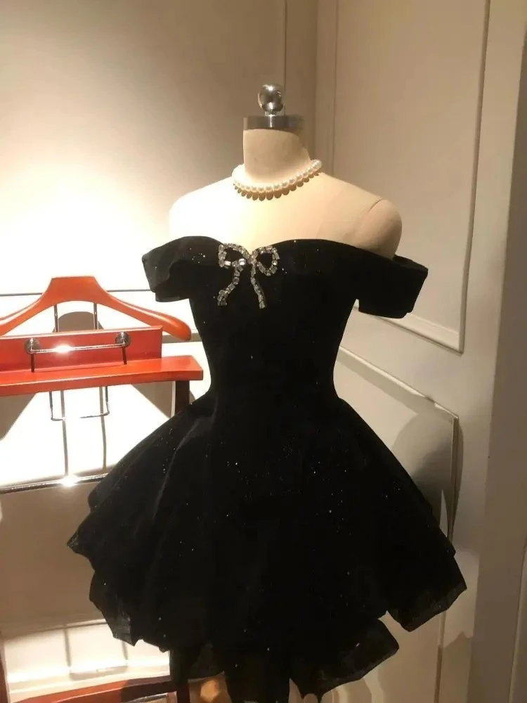 Black French Vintage Elegant Design Woman Dress Gothic Off Shoulder Retro Mini Dress Female Fairy Birthday Party Chic Outfits