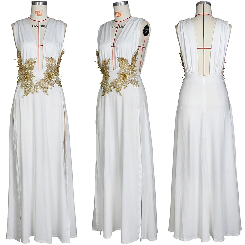 Sexy Deep V-neck Embroidery High Slit Maxi Dress Women Elegant Evening Wedding Sleeveless Backless Party Long Dresses Robe Femme