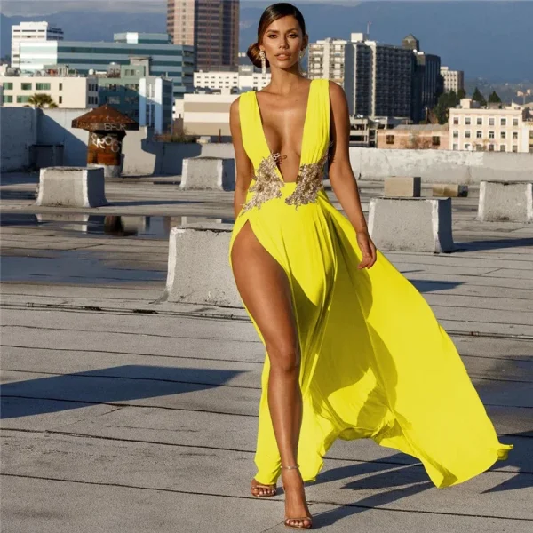 Deep V-neck Embroidery High Slit Maxi Dress - Image 4