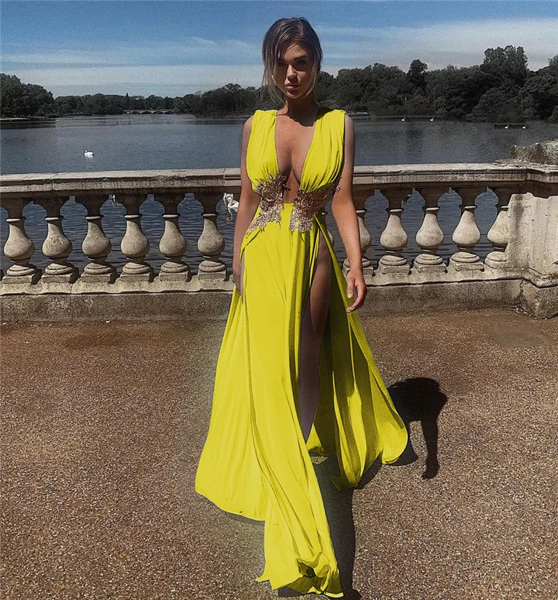 Sexy Deep V-neck Embroidery High Slit Maxi Dress Women Elegant Evening Wedding Sleeveless Backless Party Long Dresses Robe Femme