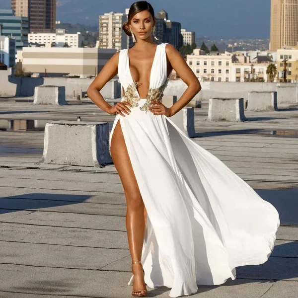 Deep V-neck Embroidery High Slit Maxi Dress