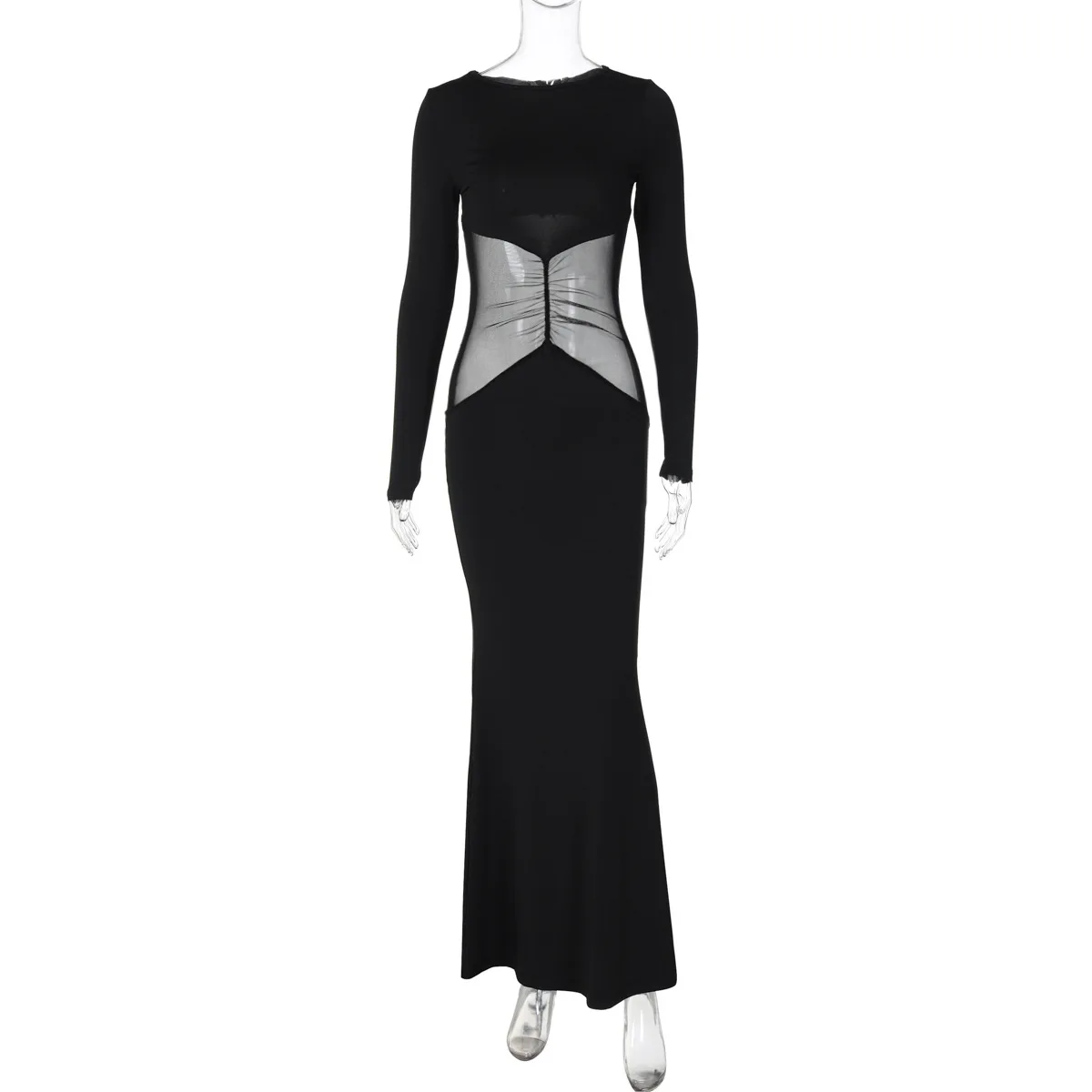 Cryptographic Fashion Ruched Mesh Sheer Maxi Dress Gown Party Club Autumn Outfits Black Sexy Bodycon Dresses Elegant Vestido