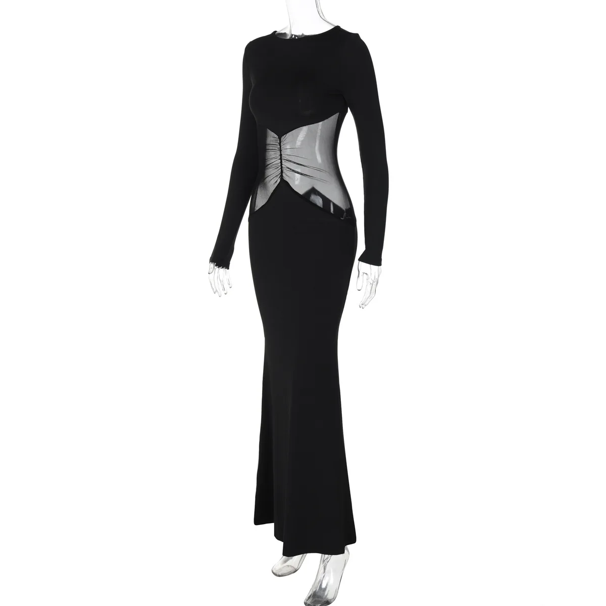 Cryptographic Fashion Ruched Mesh Sheer Maxi Dress Gown Party Club Autumn Outfits Black Sexy Bodycon Dresses Elegant Vestido