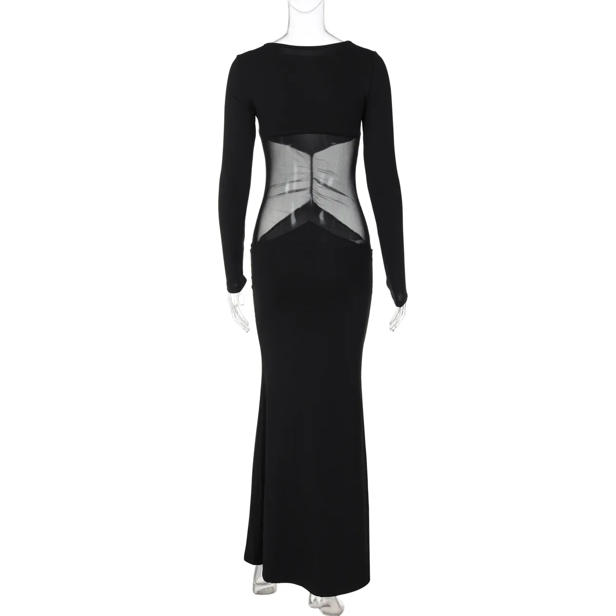 Cryptographic Fashion Ruched Mesh Sheer Maxi Dress Gown Party Club Autumn Outfits Black Sexy Bodycon Dresses Elegant Vestido