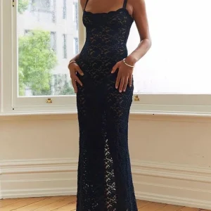 Elegant Lace See Through Maxi Dress Women Summer Sexy Spaghetti Straps Wedding Party Guest Dresses Black Split Long Dress