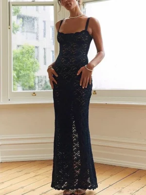 Black Lace See-Through Split Maxi Dress