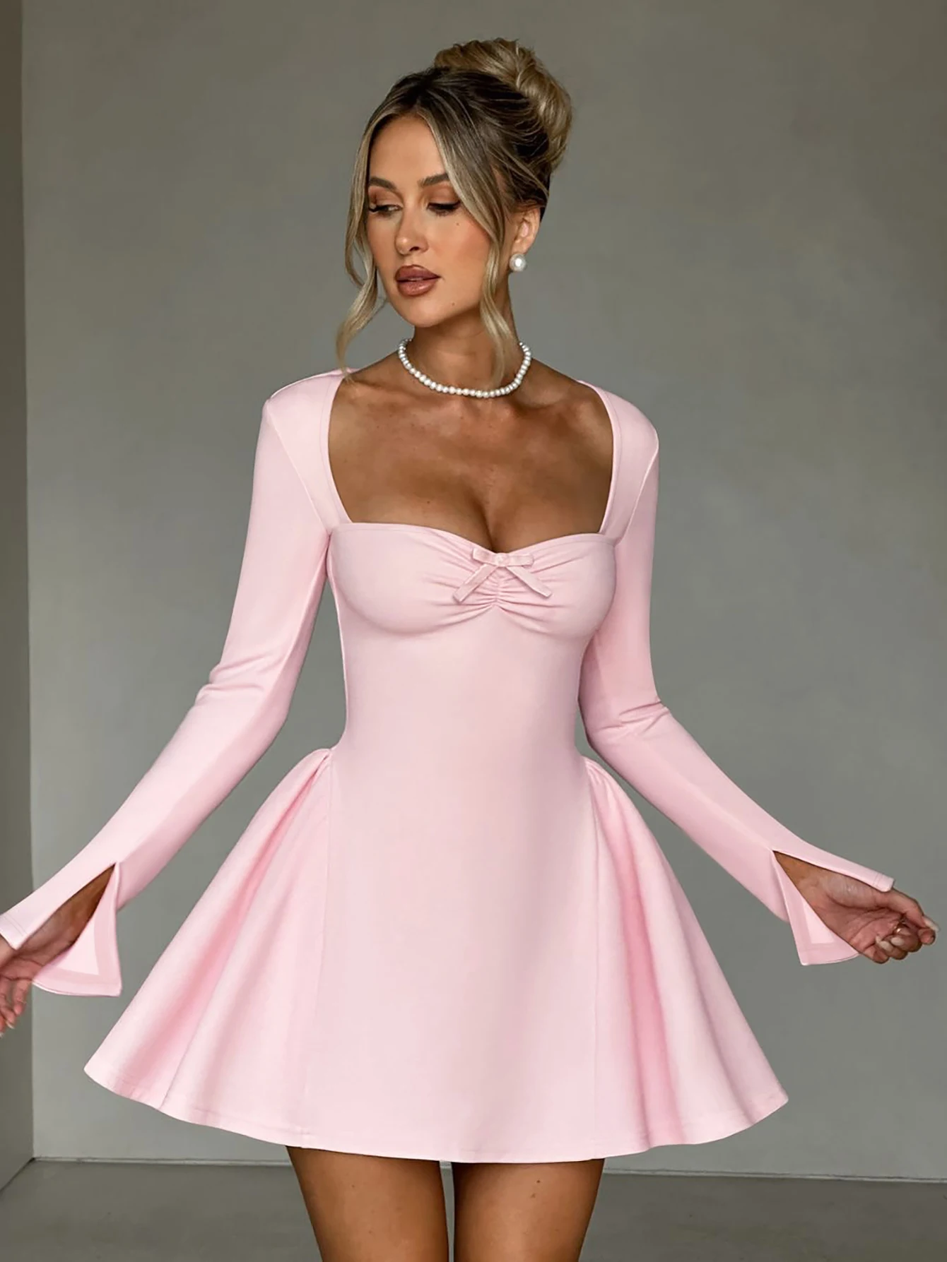 Dulzura Slit Long Flare Sleeves Patchwork A-Line Mini Dress Solid Elegant Sexy Party Prom Wedding Guest Dress Autumn