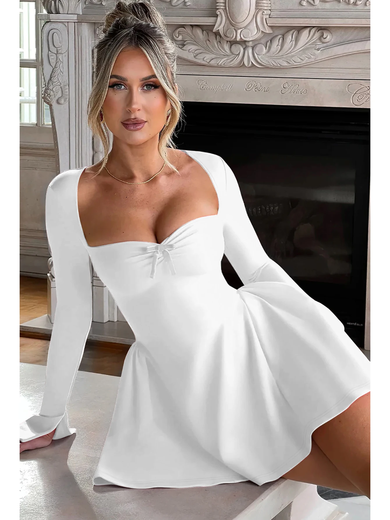Dulzura Slit Long Flare Sleeves Patchwork A-Line Mini Dress Solid Elegant Sexy Party Prom Wedding Guest Dress Autumn
