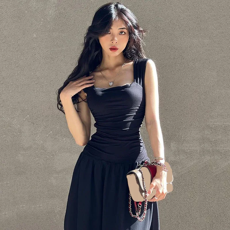 Black Wide Strap Maxi Dress for Women Summer Elegant Temperament High-Waist Party Long Dresses Sexy Ruched Bodycon Midi Dress Black Wide Strap Maxi Dress for Women Summer Elegant Temperament High-Waist Party Long Dresses Sexy Ruched Bodycon Midi Dress