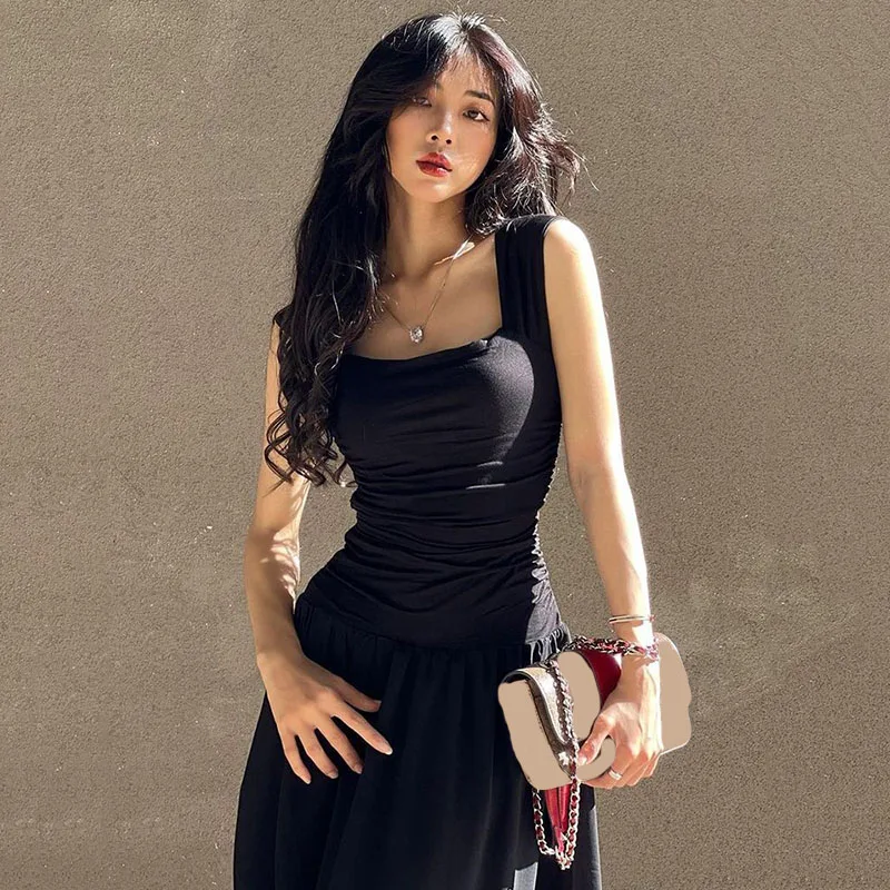 Black Wide Strap Maxi Dress for Women Summer Elegant Temperament High-Waist Party Long Dresses Sexy Ruched Bodycon Midi Dress Black Wide Strap Maxi Dress for Women Summer Elegant Temperament High-Waist Party Long Dresses Sexy Ruched Bodycon Midi Dress