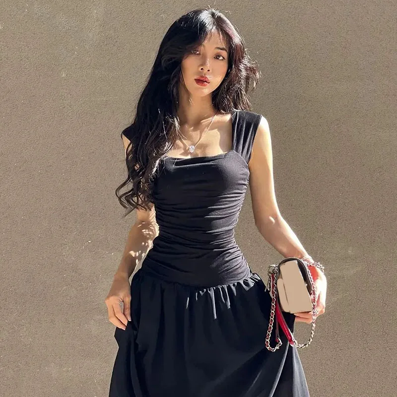 Black Wide Strap Maxi Dress for Women Summer Elegant Temperament High-Waist Party Long Dresses Sexy Ruched Bodycon Midi Dress Black Wide Strap Maxi Dress for Women Summer Elegant Temperament High-Waist Party Long Dresses Sexy Ruched Bodycon Midi Dress