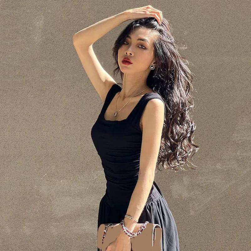 Black Wide Strap Maxi Dress for Women Summer Elegant Temperament High-Waist Party Long Dresses Sexy Ruched Bodycon Midi Dress Black Wide Strap Maxi Dress for Women Summer Elegant Temperament High-Waist Party Long Dresses Sexy Ruched Bodycon Midi Dress