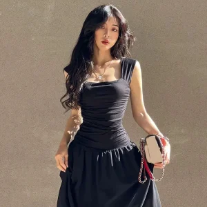 Black Maxi Party Dress with Wide Straps