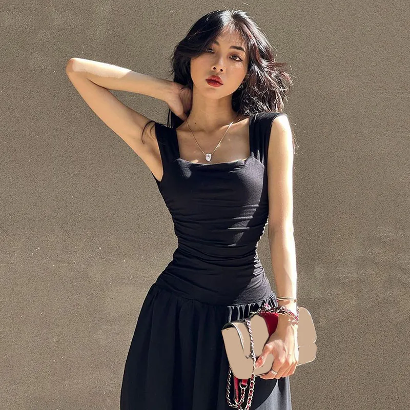 Black Wide Strap Maxi Dress for Women Summer Elegant Temperament High-Waist Party Long Dresses Sexy Ruched Bodycon Midi Dress Black Wide Strap Maxi Dress for Women Summer Elegant Temperament High-Waist Party Long Dresses Sexy Ruched Bodycon Midi Dress
